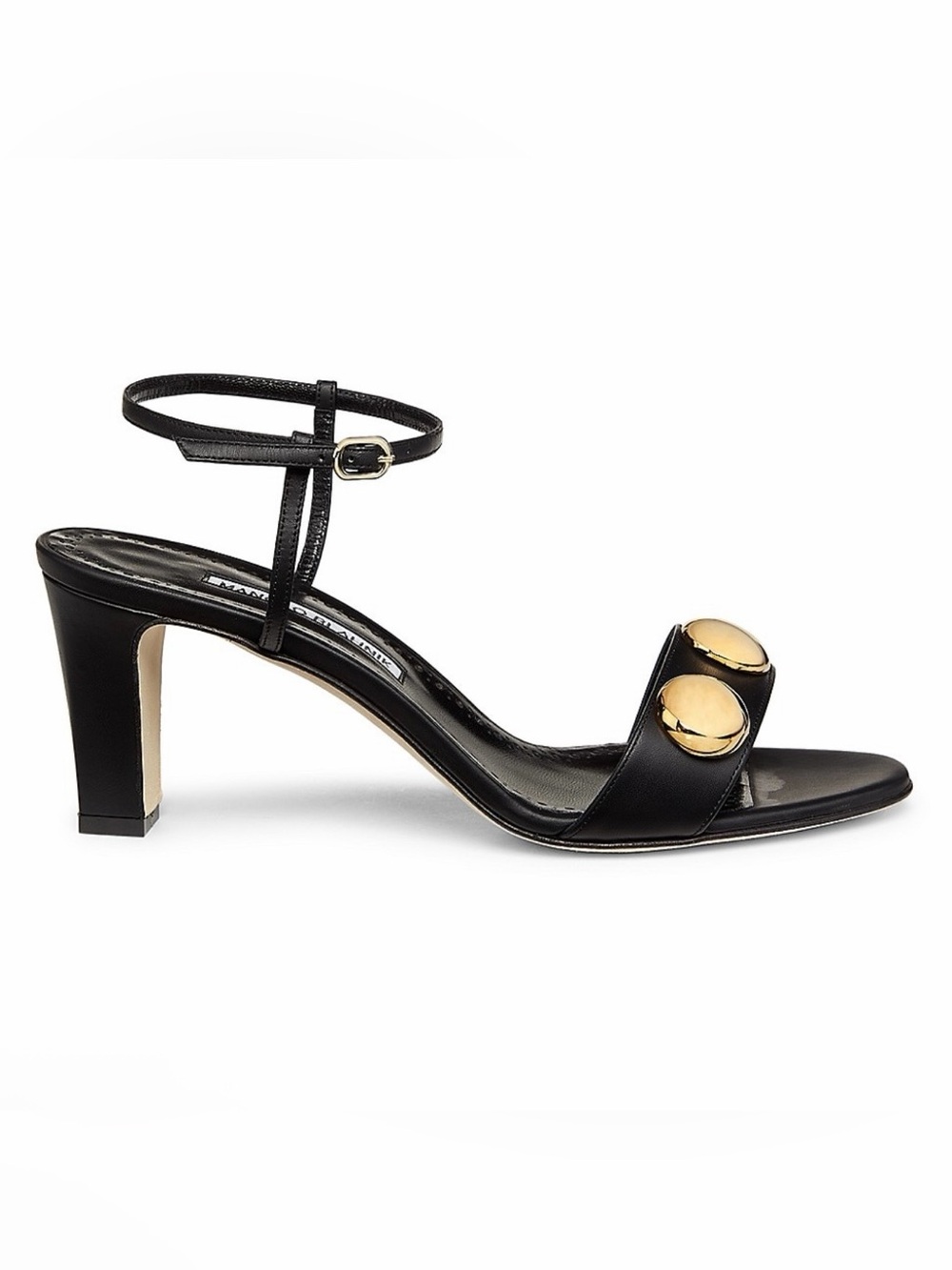 Black Leather Heeled Sandals with Gold Stud Accents